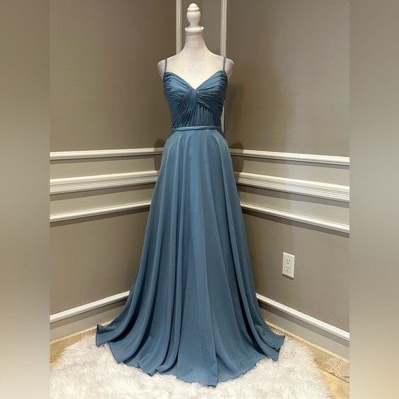 Brideside Cher dusty blue women’s chiffon spaghetti strap formal evening dress - Picture 3 of 16